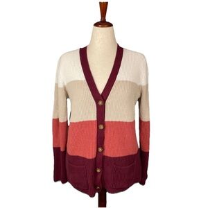 LANDS END Cotton Drifter Cardigan Colorblock Sweater Red Pink Size Medium Tall